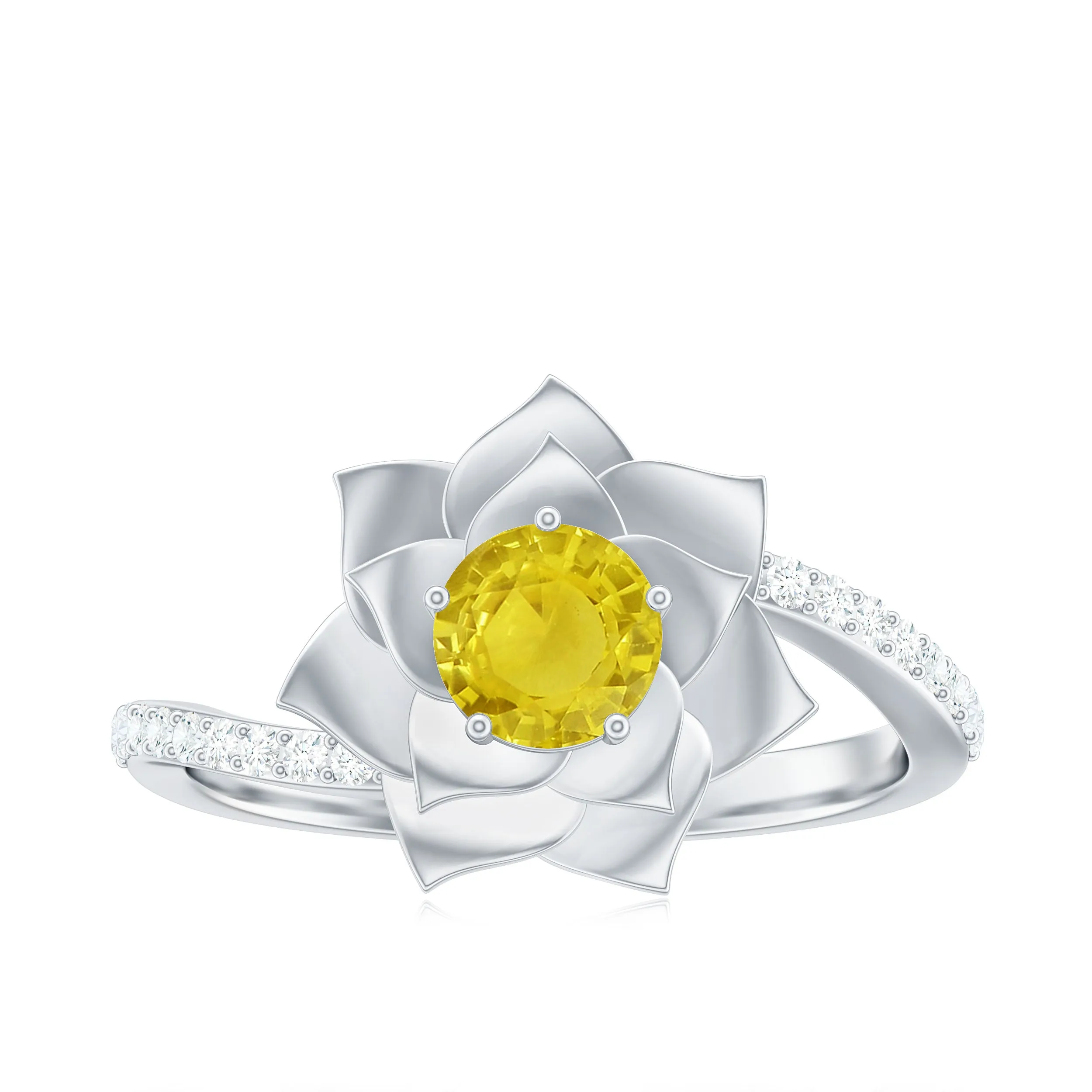 Round Yellow Sapphire Flower Bypass Ring with Diamond