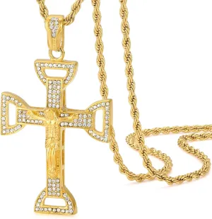 ROWIN&CO 18K Gold Plated Jesus Crucifix Cross CZ Pendant Necklaces Men Women Iced Out Simulated Diamond Cubic Zirconia Religious Jewelry Christian Baptism Gifts