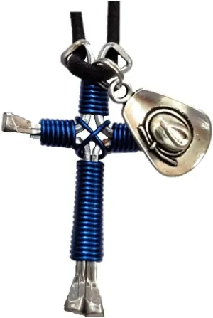 Royal Blue Horseshoe Nail Cross Necklace w/Hat Charm
