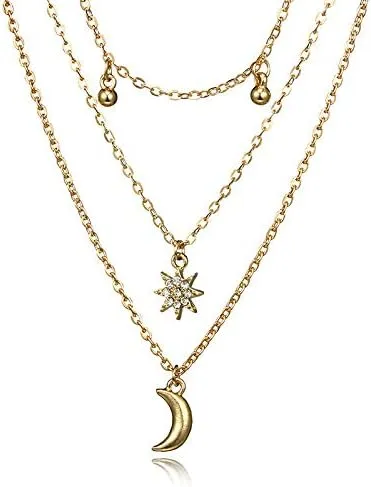 Rrdaily Gold Layered Star Moon Pendant Fringe Bead Necklace Delicate Octagon Star Sun Moon Beaded Collarbone Chain Nceklace