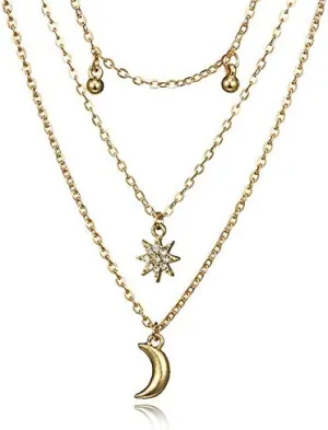 Rrdaily Gold Layered Star Moon Pendant Fringe Bead Necklace Delicate Octagon Star Sun Moon Beaded Collarbone Chain Nceklace