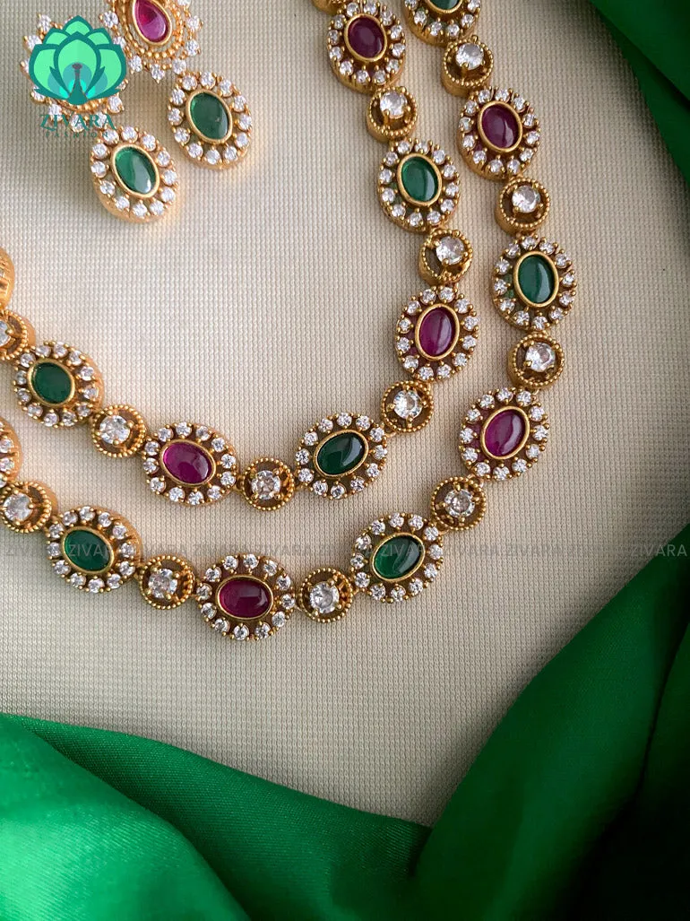 RUBY AND GREEN - TWO STEP- Traditional south indian premium neckwear with earrings- Zivara Fashion- latest jewellery design