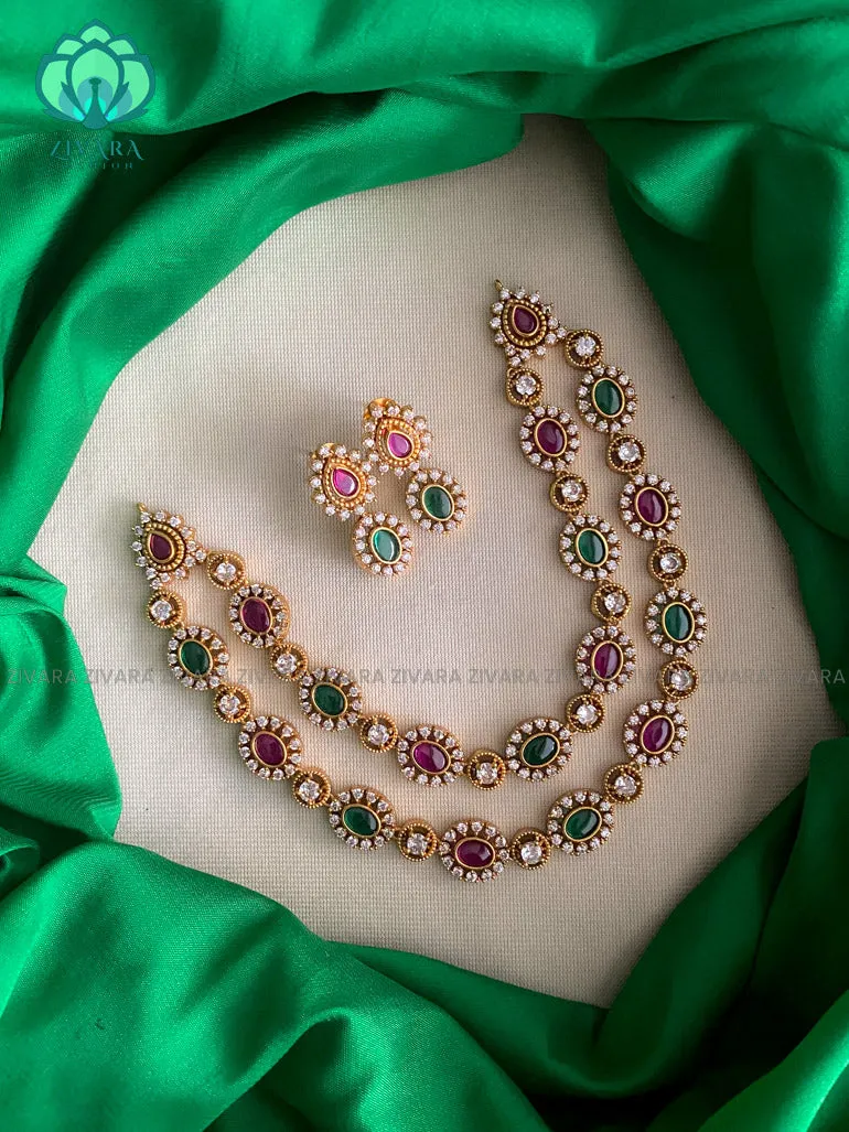 RUBY AND GREEN - TWO STEP- Traditional south indian premium neckwear with earrings- Zivara Fashion- latest jewellery design