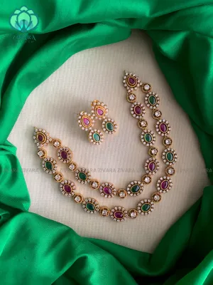 RUBY AND GREEN - TWO STEP- Traditional south indian premium neckwear with earrings- Zivara Fashion- latest jewellery design