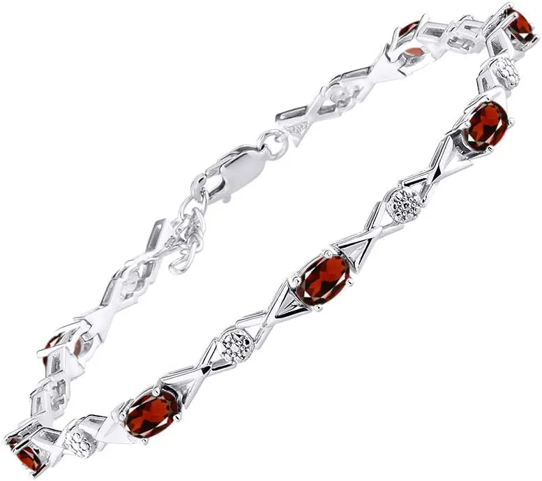 Rylos Bracelets for Women 925 Sterling Silver XOXO Hugs & Kisses Tennis Bracelet Gemstone & Genuine Diamonds Adjustable to Fit 7"-8" Wrist, 10-6X4MM Garnet Jewelry for Women Friendship