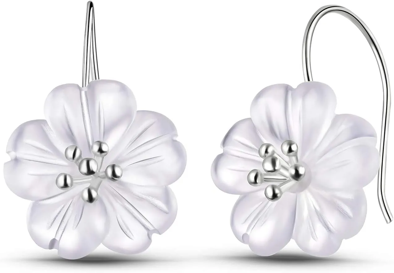 S925 Sterling Silver Drop Earrings Flower in the Rain Natural Crystal Dangle Earrings Elegant Flower Earrings Handmade Unique Jewelry Gifts for Women