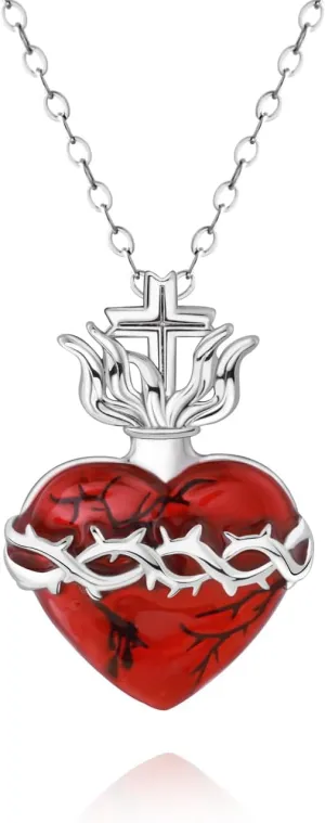 Sacred Heart of Jesus Pendant - 925 Sterling Silver Jesus Pendant Necklaces Silver Chain/Thorn Chain Jewelry for Men Women Christmas Easter Thanksgiving Day (Silver Chain)