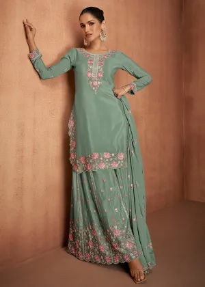 Sage Green Chinnon Silk Festive Style Palazzo Suit