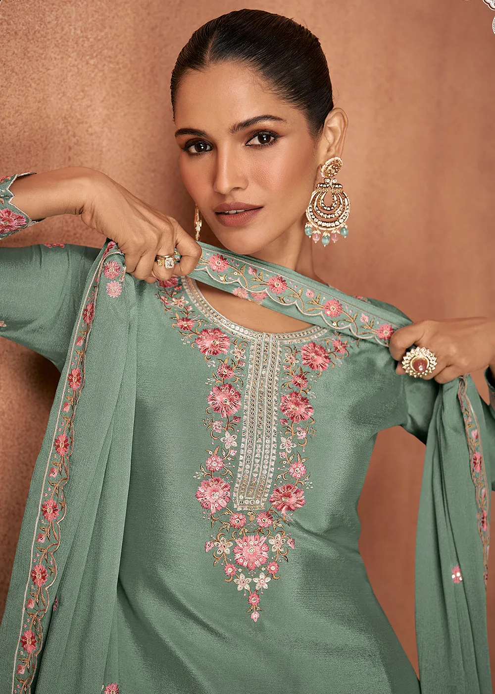 Sage Green Chinnon Silk Festive Style Palazzo Suit