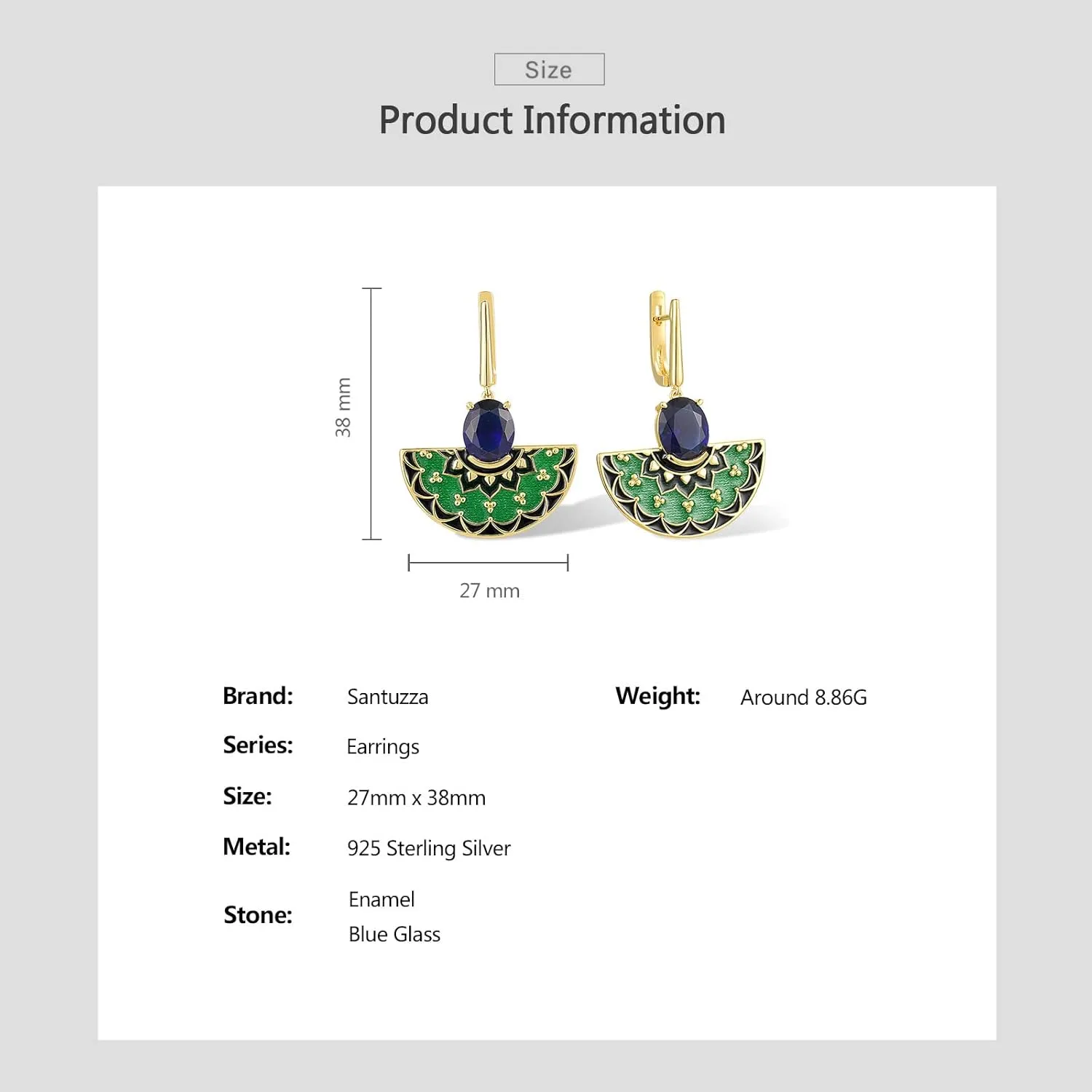 Santuzza 925 Sterling Silver Sector Shape Enamel Gemstone Dangle Earrings for Women