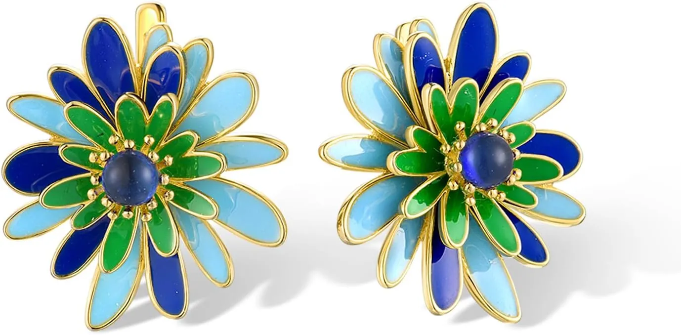 Santuzza Sterling Silver Gemstone Enamel Flower Earrings