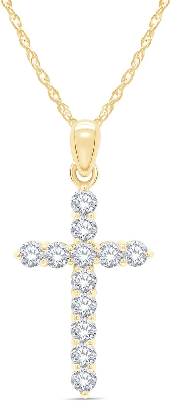 SAVEARTH DIAMONDS 1 1/10 Carat Round Cut Lab Created Moissanite Diamond Cross Pendant Necklace In 14K Gold Over Sterling Silver Jewelry For Women With 18" Chain(VVS1 Clarity, 1.10 Cttw)