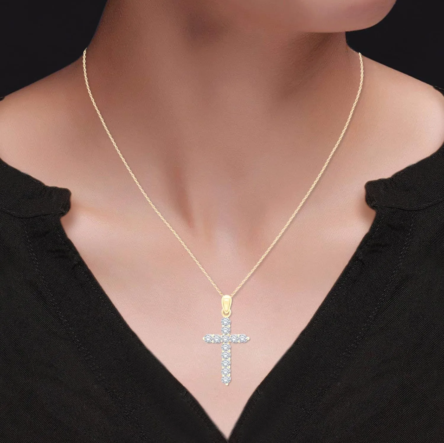 SAVEARTH DIAMONDS 1 1/10 Carat Round Cut Lab Created Moissanite Diamond Cross Pendant Necklace In 14K Gold Over Sterling Silver Jewelry For Women With 18" Chain(VVS1 Clarity, 1.10 Cttw)