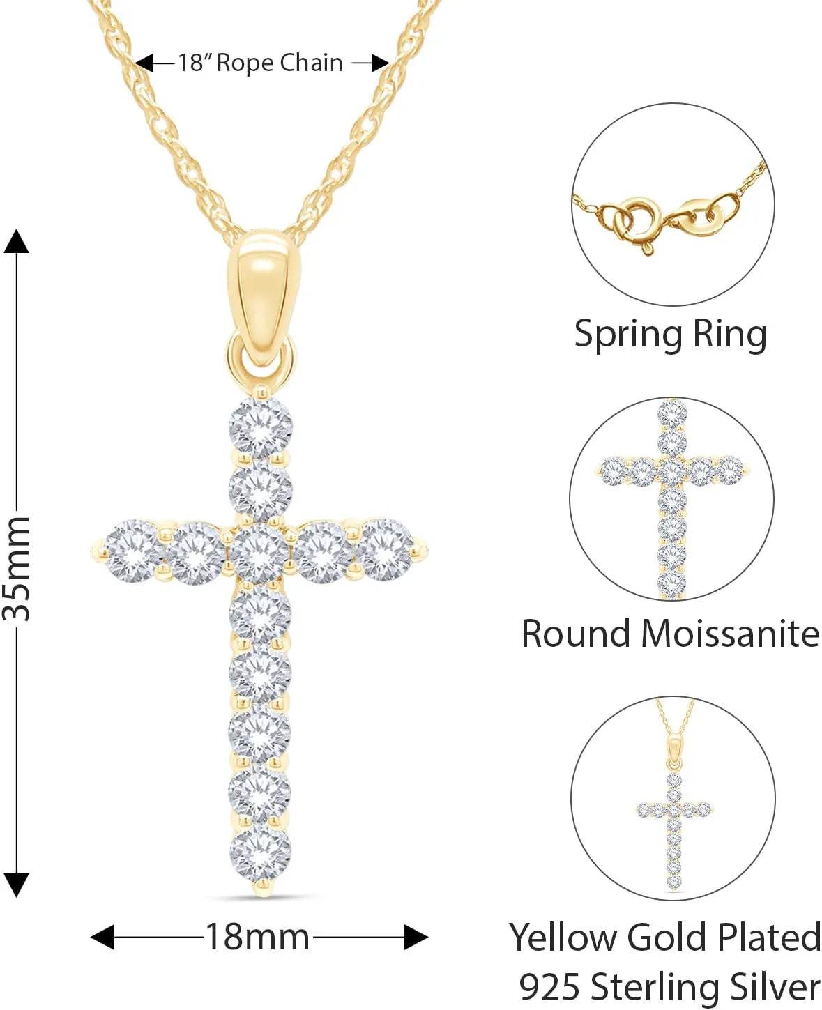 SAVEARTH DIAMONDS 1 1/10 Carat Round Cut Lab Created Moissanite Diamond Cross Pendant Necklace In 14K Gold Over Sterling Silver Jewelry For Women With 18" Chain(VVS1 Clarity, 1.10 Cttw)