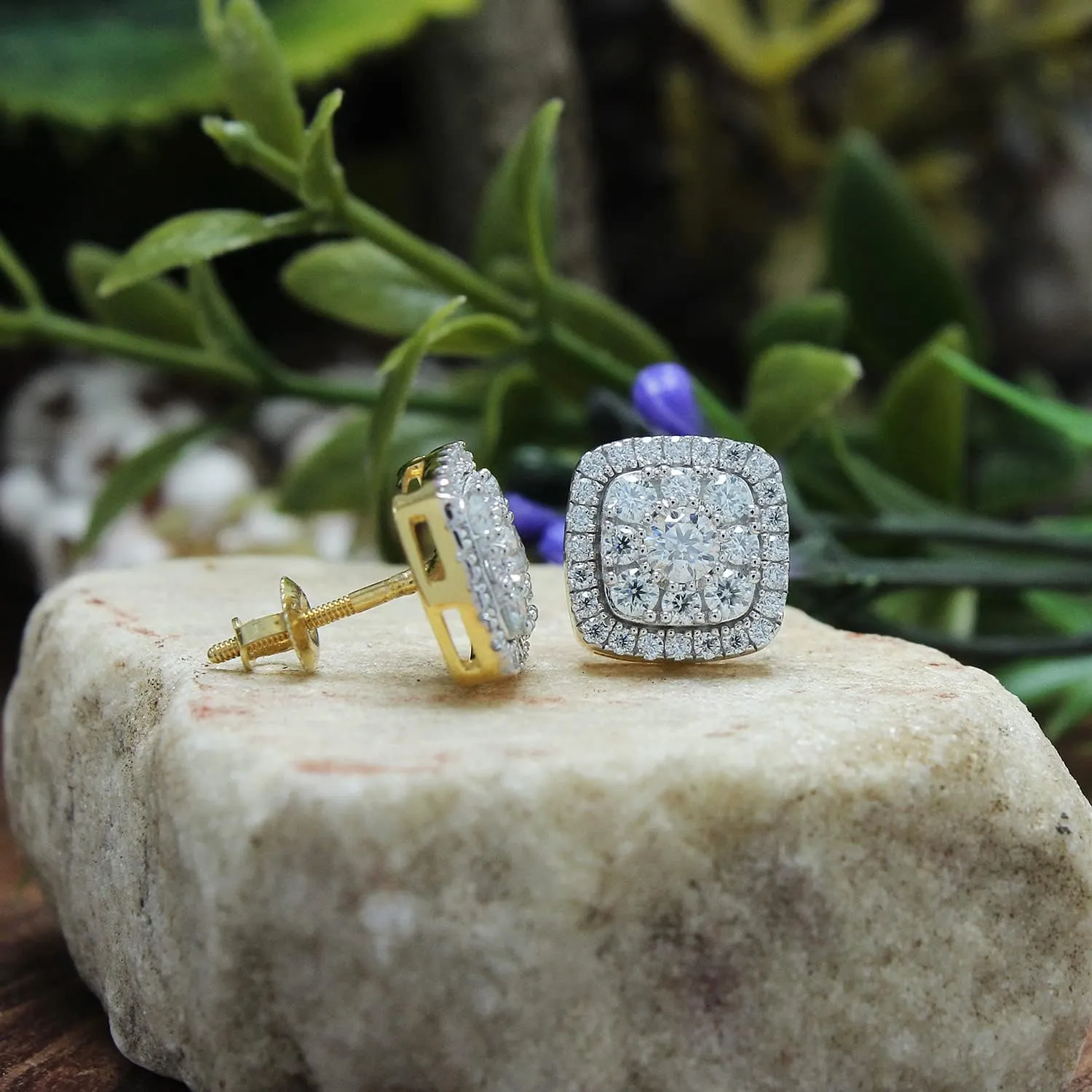 SAVEARTH DIAMONDS 1 1/4 Carat Round Cut Moissanite Diamond & Lab Grown Diamond Cushion Frame Halo Cluster Stud Earrings In 14k Gold Over Sterling Silver (1.25 Cttw)
