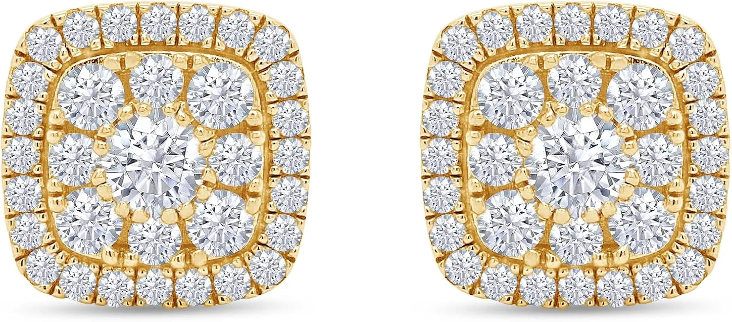 SAVEARTH DIAMONDS 1 1/4 Carat Round Cut Moissanite Diamond & Lab Grown Diamond Cushion Frame Halo Cluster Stud Earrings In 14k Gold Over Sterling Silver (1.25 Cttw)