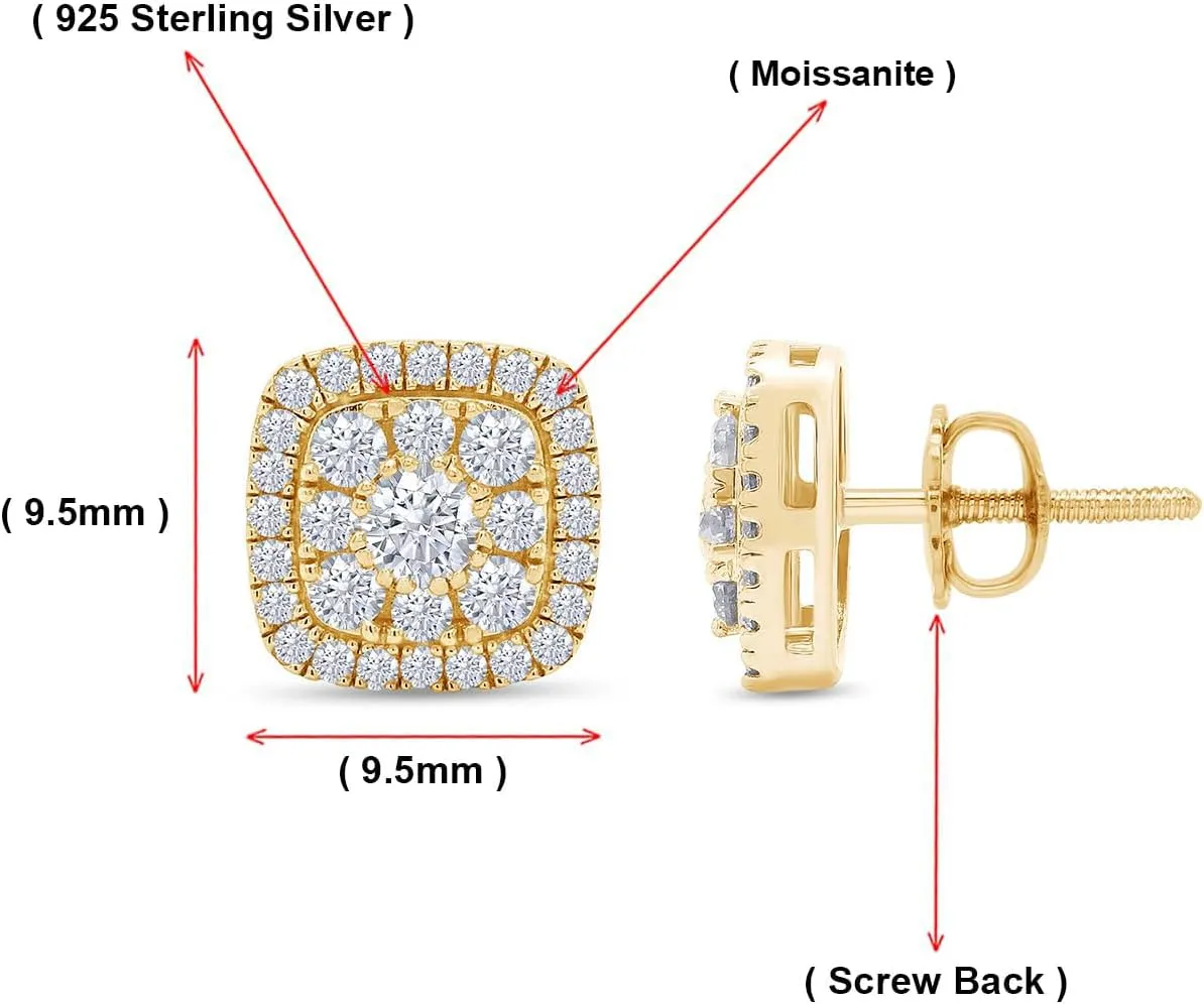 SAVEARTH DIAMONDS 1 1/4 Carat Round Cut Moissanite Diamond & Lab Grown Diamond Cushion Frame Halo Cluster Stud Earrings In 14k Gold Over Sterling Silver (1.25 Cttw)