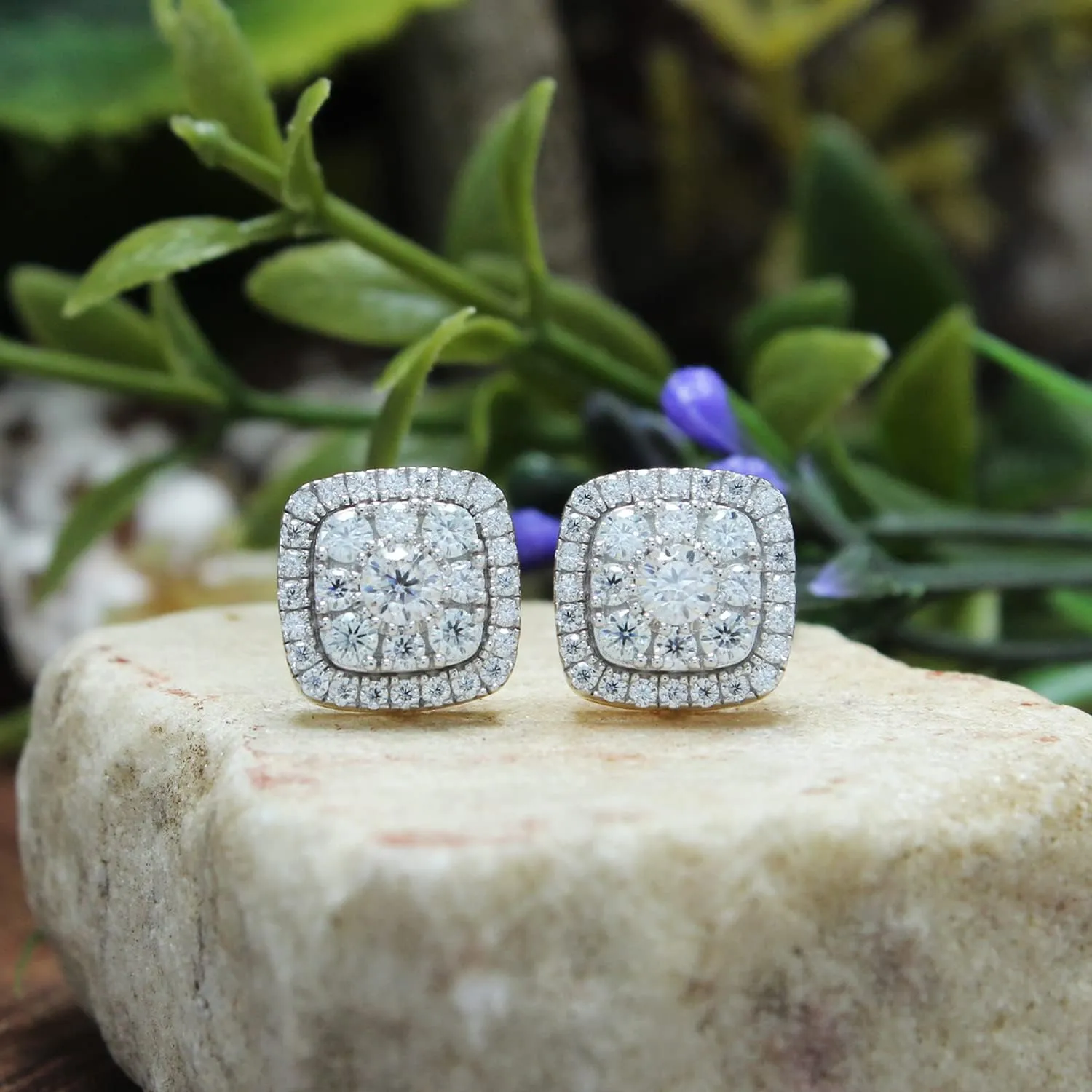 SAVEARTH DIAMONDS 1 1/4 Carat Round Cut Moissanite Diamond & Lab Grown Diamond Cushion Frame Halo Cluster Stud Earrings In 14k Gold Over Sterling Silver (1.25 Cttw)