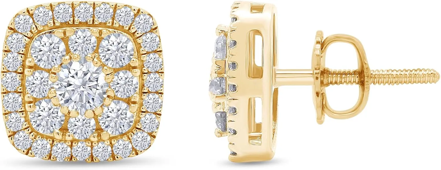 SAVEARTH DIAMONDS 1 1/4 Carat Round Cut Moissanite Diamond & Lab Grown Diamond Cushion Frame Halo Cluster Stud Earrings In 14k Gold Over Sterling Silver (1.25 Cttw)