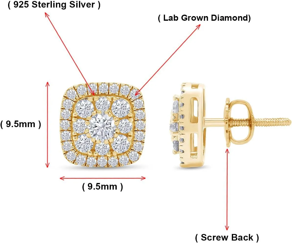 SAVEARTH DIAMONDS 1 1/4 Carat Round Cut Moissanite Diamond & Lab Grown Diamond Cushion Frame Halo Cluster Stud Earrings In 14k Gold Over Sterling Silver (1.25 Cttw)