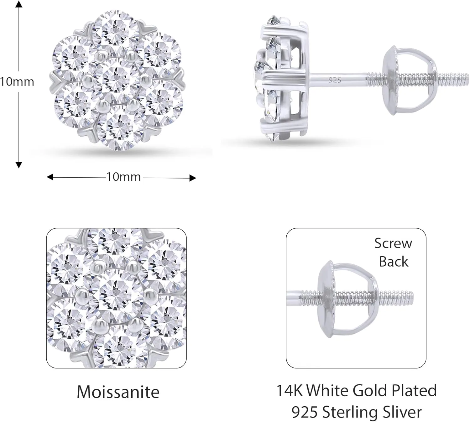 SAVEARTH DIAMONDS 1 Carat Round Cut Lab Created Moissanite Diamond Flower Cluster Stud Earrings In 14K Gold Over Sterling Silver With Screw Back Jewelry For Womens (Clarity VVS1, 1.00 Cttw)