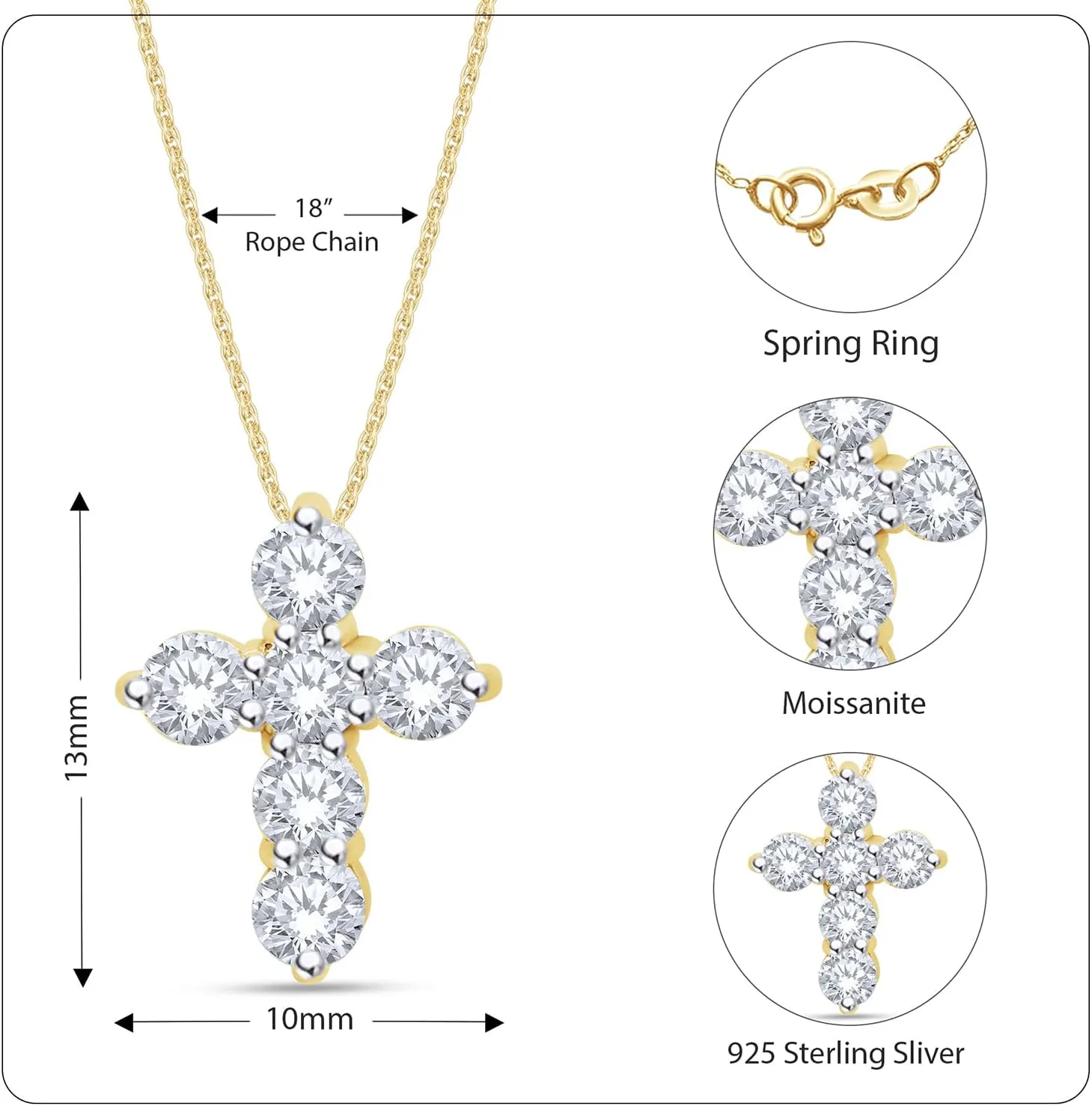 SAVEARTH DIAMONDS 1/2 Carat Round Cut Lab Created Moissanite Diamond Cross Pendant Necklace In 14K Gold Over Sterling Silver Jewelry For Women With 18" Chain (VVS1 Clarity, 0.50 Cttw)