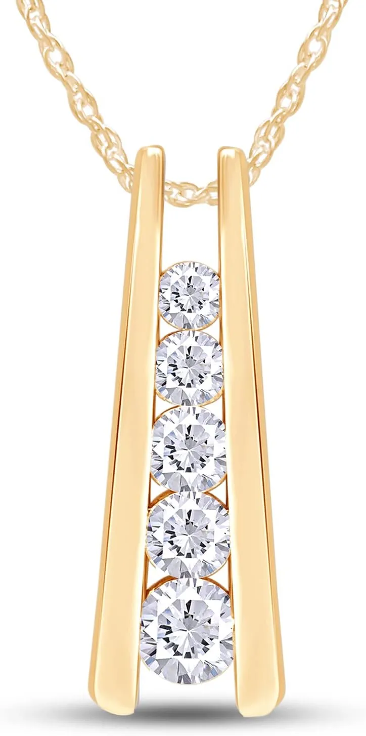 SAVEARTH DIAMONDS 1.25 Carat Lab Created Moissanite & Lab Grown Diamond Five Stone Journey Bar Pendant Necklace In 14k Gold Over Sterling Silver Jewelry With 18" Chain, Gift For Her