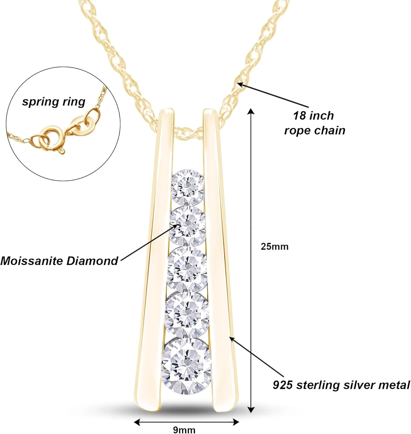 SAVEARTH DIAMONDS 1.25 Carat Lab Created Moissanite & Lab Grown Diamond Five Stone Journey Bar Pendant Necklace In 14k Gold Over Sterling Silver Jewelry With 18" Chain, Gift For Her