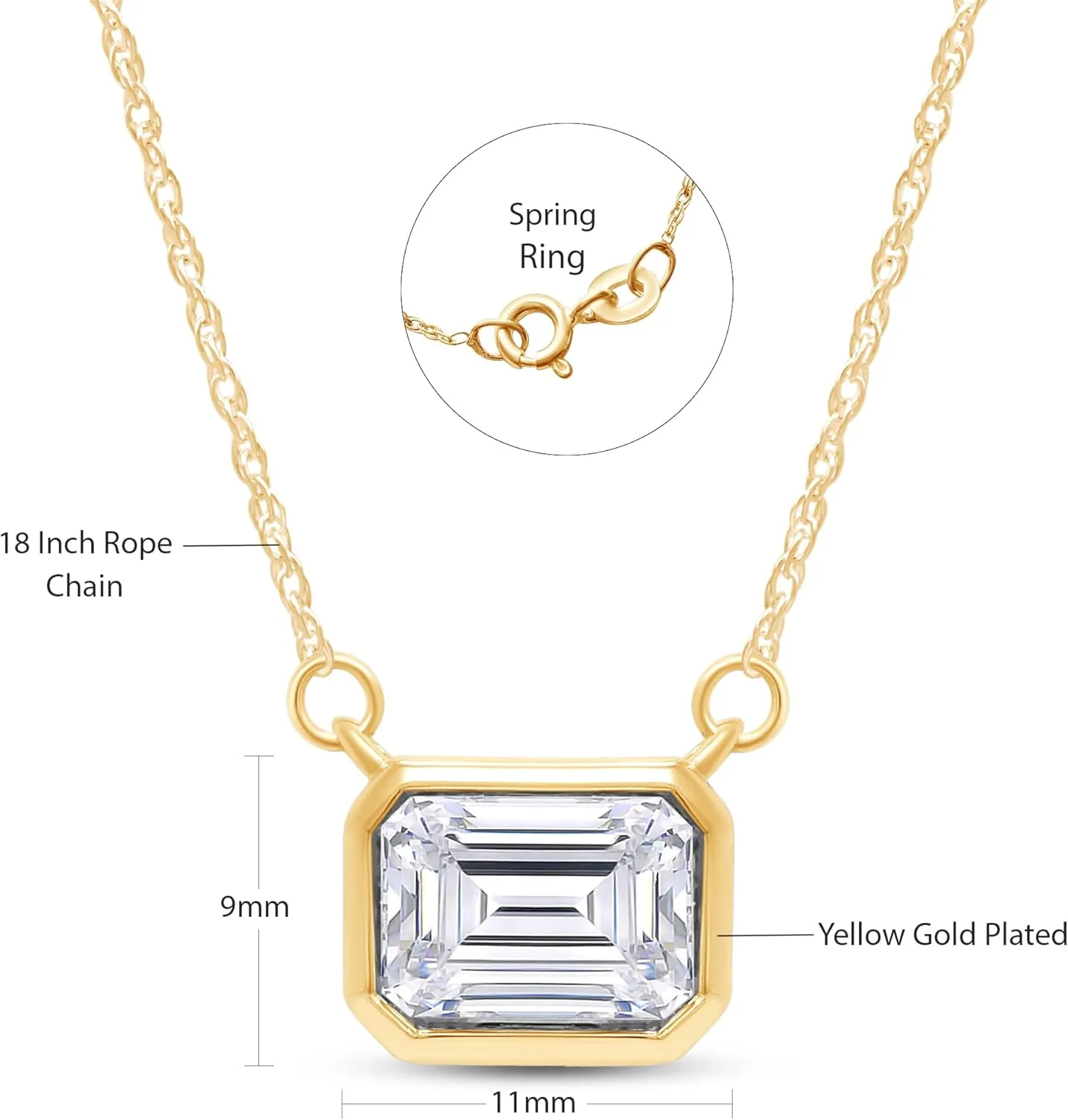 SAVEARTH DIAMONDS 1.5 CT D Color Moissanite Pendant Necklace For Women D Color VVS1 Emerald Cut Bezel Set Lab Created Diamond 18K Gold Plated Silver Necklace Along with 18" Chain