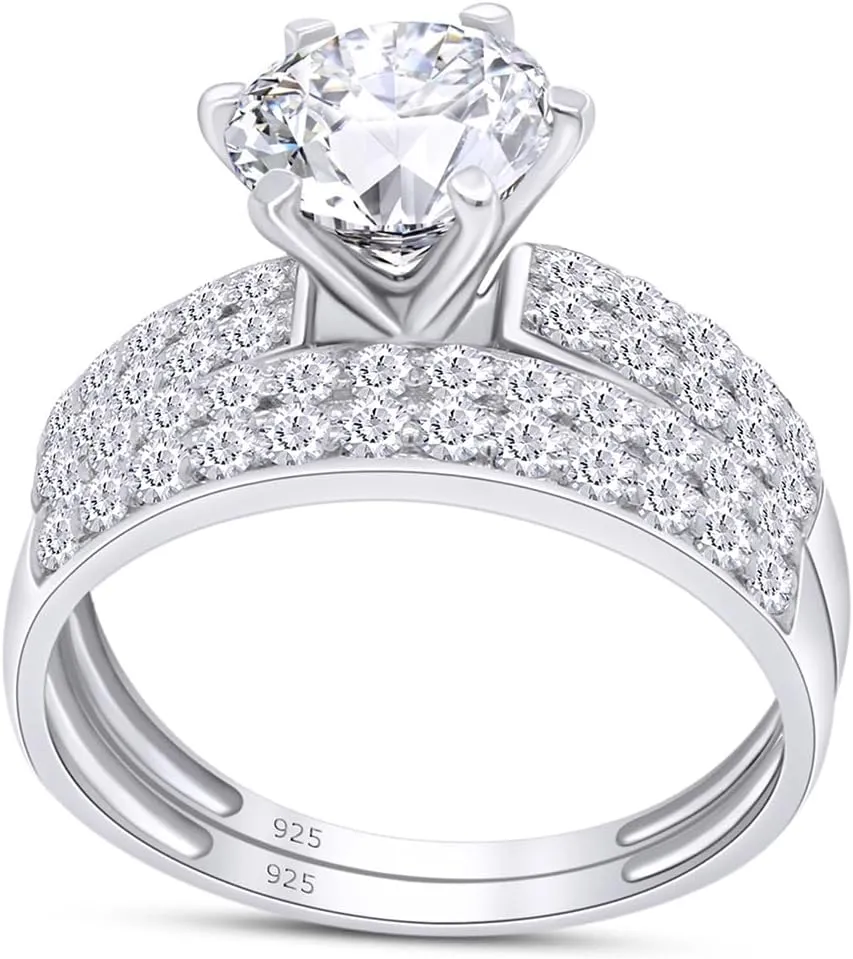 SAVEARTH DIAMONDS Engagement Ring, 7MM Round Cut Lab Created Moissanite Rings, 14K Gold Plated 925 Sterling Silver Bridal Set Rings for Women, Bridal jewelry (VVS1 Clarity 2.00 Cttw)