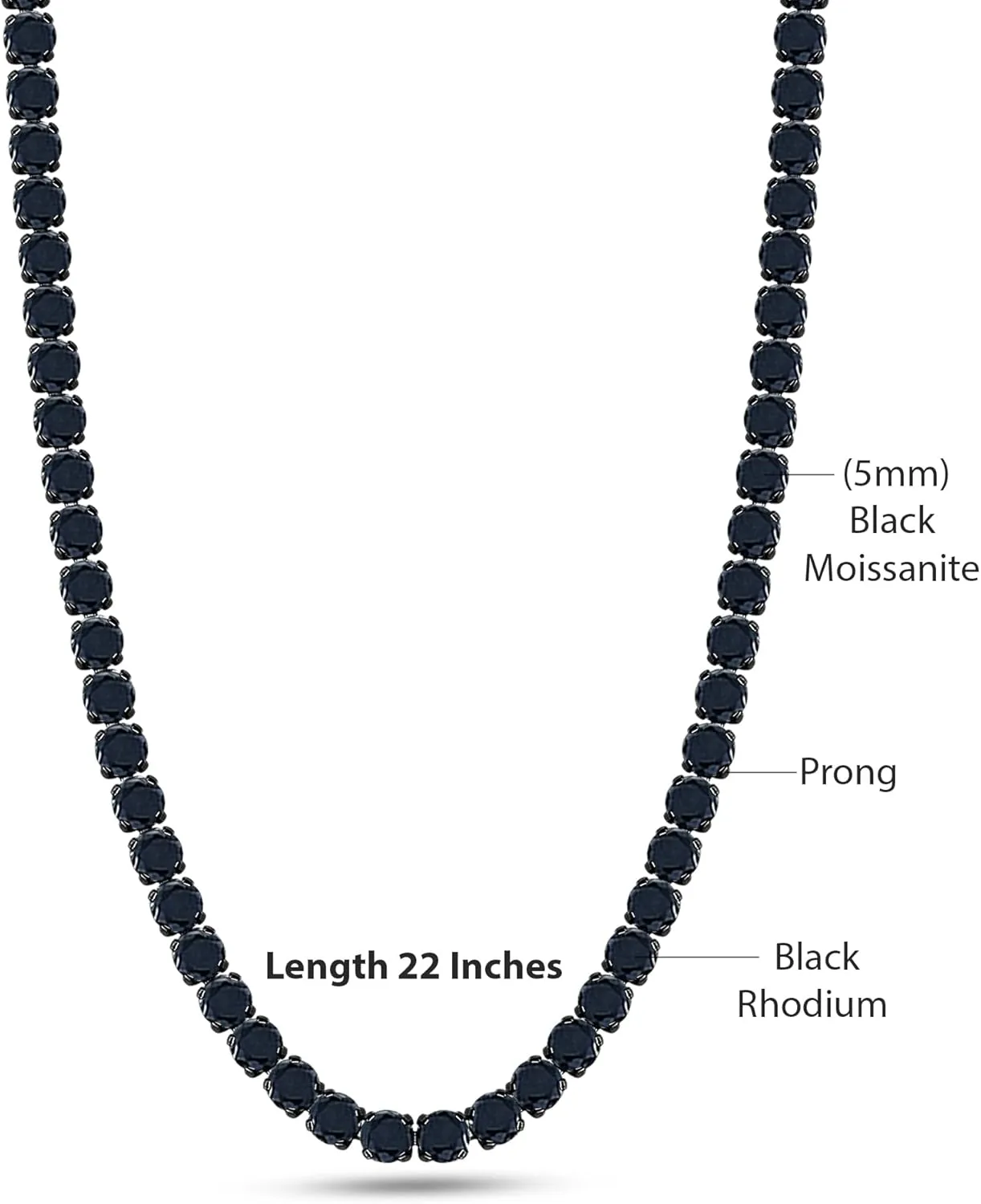 SAVEARTH DIAMONDS Round Cut Lab Created Black Moissanite 3MM To 6.5MM Width Tennis Chain Necklace For Men Women In 14K Black Rhodium Plated Sterling Silver, (VVS1 Clarity, 12.45cttw to 84.20cttw)