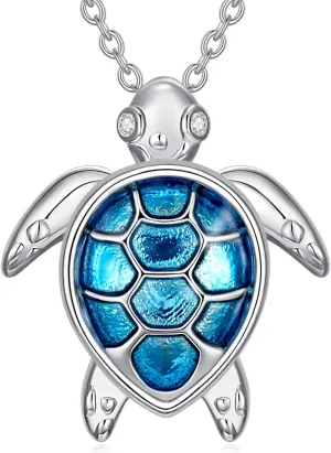 Sea Turtle Heart Necklace for Women 925 Sterling Silver Topaz/Turquoise/Jade/Larimar/Diamond Turtle Pendant Jewelry Birthday Gifts for Wife Mom