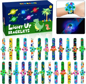 SEKEAHU 25 PCS Light Up Fidget Rotating Toy   25PCS Slap Bracelets, Dinosaur Party Favors Stocking Stuffers for Kids 4-8-12 Goodie Bag Stuffers Glow in The Dark Supplies Gifts