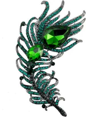 SELOVO 4.2in Big Large Statement Scarf Hats Decoration Green Feather Pin Brooch Black Tone