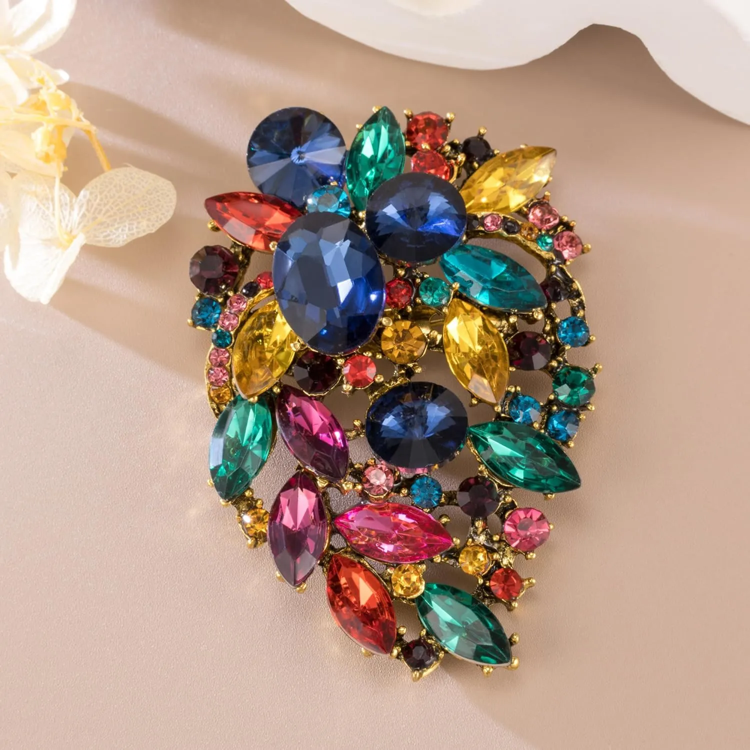 SELOVO Rhinestone Statement Brooch Pin Flower Dress Accessory