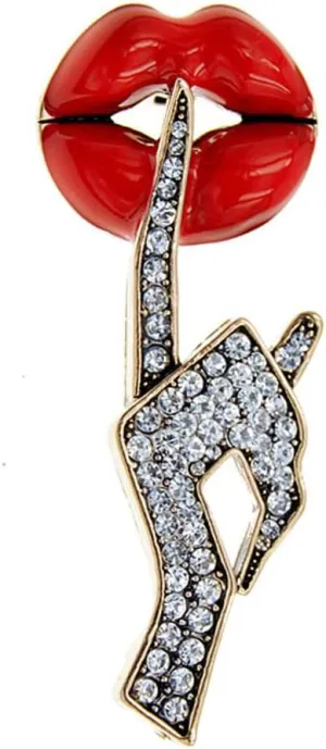 Sexy Red Lips Brooch Rhinestone Quiet Gestures Statement Brooches Lapel Pins Elegant Dress Accessories Suit Tie Art Deco Fashion Cubic Zirconia Jewelry Lover Gift for Women Girls