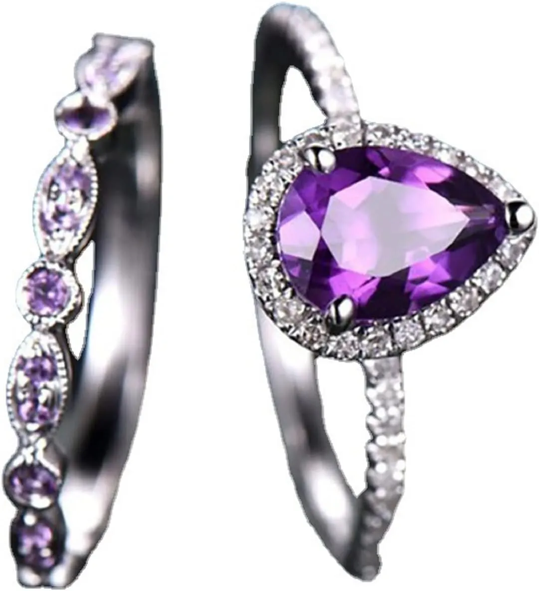 Shining Amethyst Ring Couple 925 Sterling Silver Bridal Set Tear Drop Shape 3Ct Cubic Zirconia Promise Rings Set CZ Teardrop Halo Ring Eternity Engagement Wedding Band Ring Sets for Women (7)