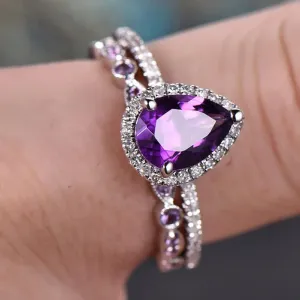 Shining Amethyst Ring Couple 925 Sterling Silver Bridal Set Tear Drop Shape 3Ct Cubic Zirconia Promise Rings Set CZ Teardrop Halo Ring Eternity Engagement Wedding Band Ring Sets for Women (7)