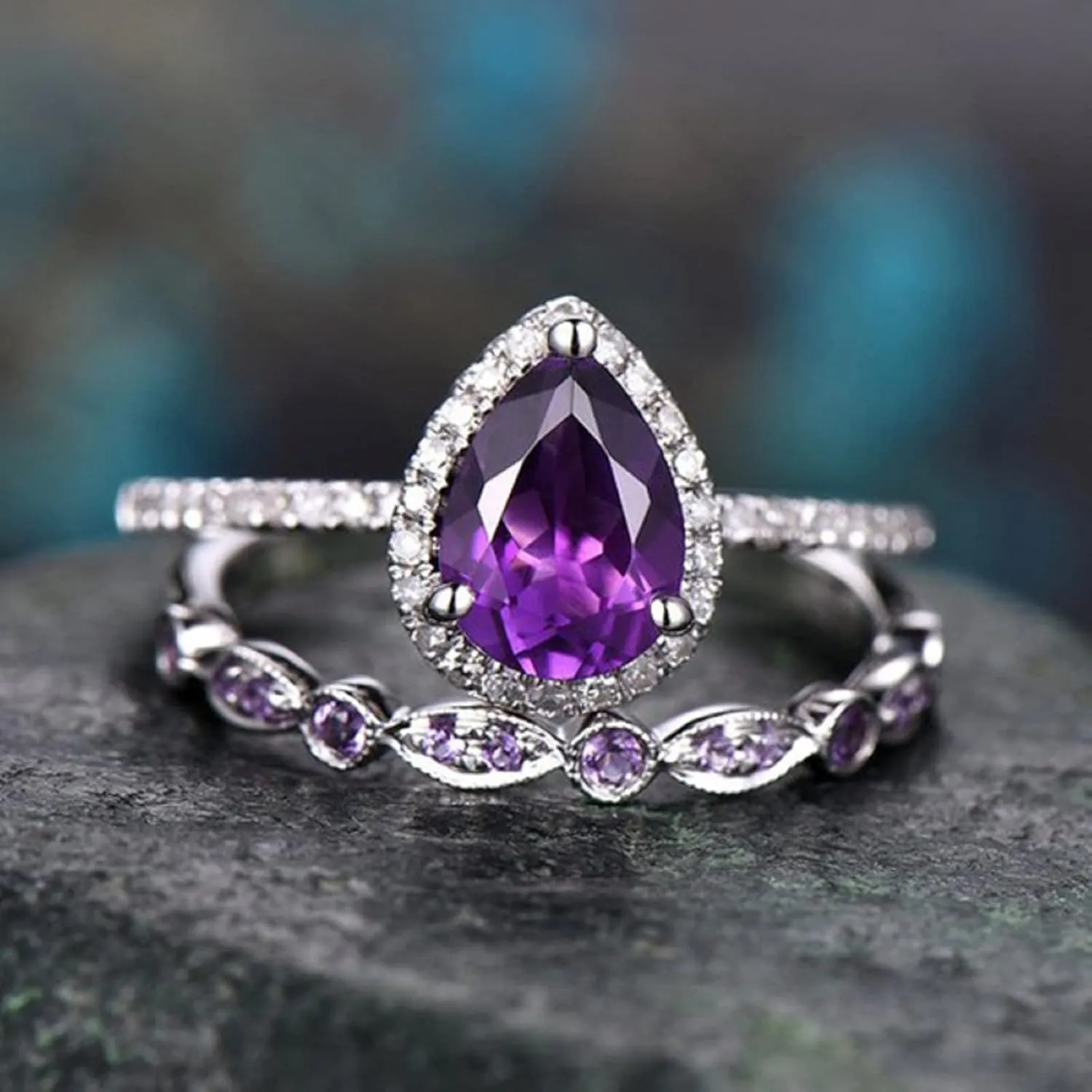 Shining Amethyst Ring Couple 925 Sterling Silver Bridal Set Tear Drop Shape 3Ct Cubic Zirconia Promise Rings Set CZ Teardrop Halo Ring Eternity Engagement Wedding Band Ring Sets for Women (7)