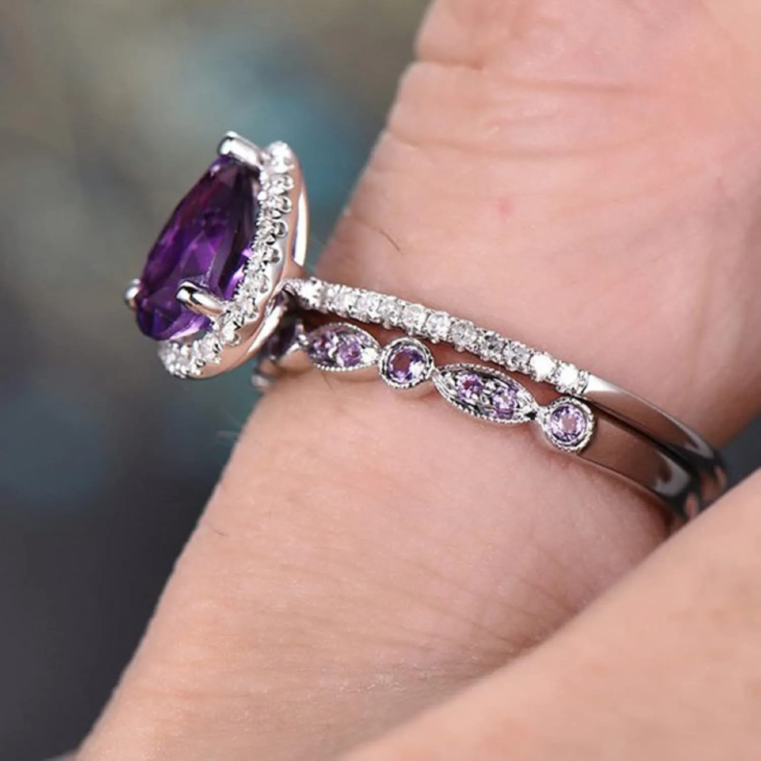 Shining Amethyst Ring Couple 925 Sterling Silver Bridal Set Tear Drop Shape 3Ct Cubic Zirconia Promise Rings Set CZ Teardrop Halo Ring Eternity Engagement Wedding Band Ring Sets for Women (7)