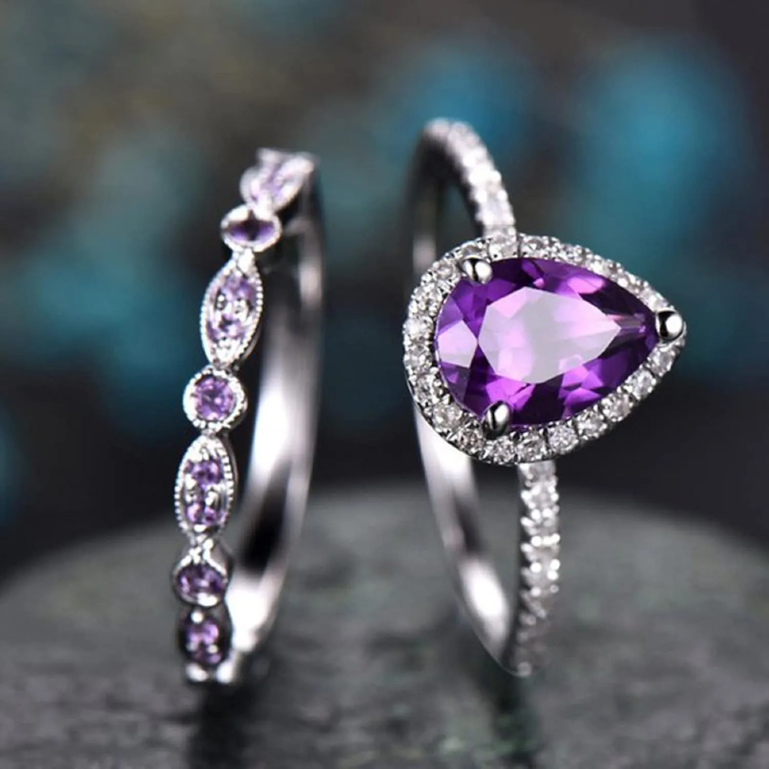 Shining Amethyst Ring Couple 925 Sterling Silver Bridal Set Tear Drop Shape 3Ct Cubic Zirconia Promise Rings Set CZ Teardrop Halo Ring Eternity Engagement Wedding Band Ring Sets for Women (7)