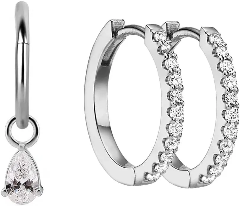 Silver Crystal Drop Hoop Earrings  18K Gold Plated, Minimalist CZ Charm and Pav Huggie Hoops for Elegant Everyday Wear