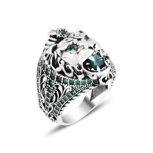 Silver Handmade Lion Ring, Emerald Stone Lion Ring, Green Stone Leon Ring, Animal Signet Ring, 925k Sterling Silver Handmade Ring
