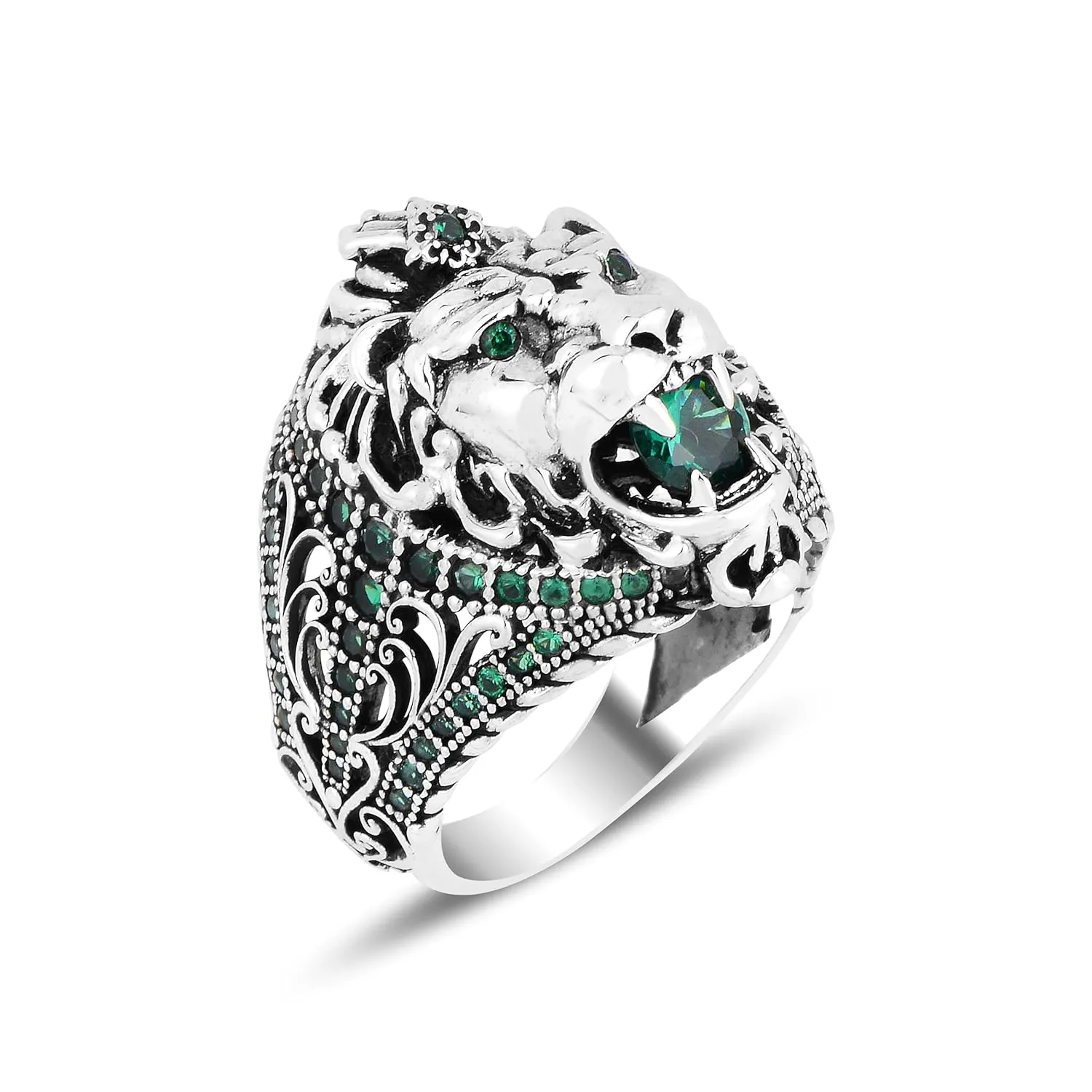 Silver Handmade Lion Ring, Emerald Stone Lion Ring, Green Stone Leon Ring, Animal Signet Ring, 925k Sterling Silver Handmade Ring