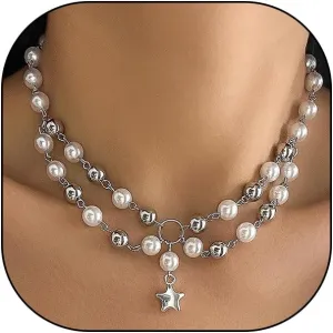 Silver Layering Pearl Star Pendant Necklace for WomenDouble Layered Dainty Star Bead Choker,Aesthetic Anniversary Jewelry Gift