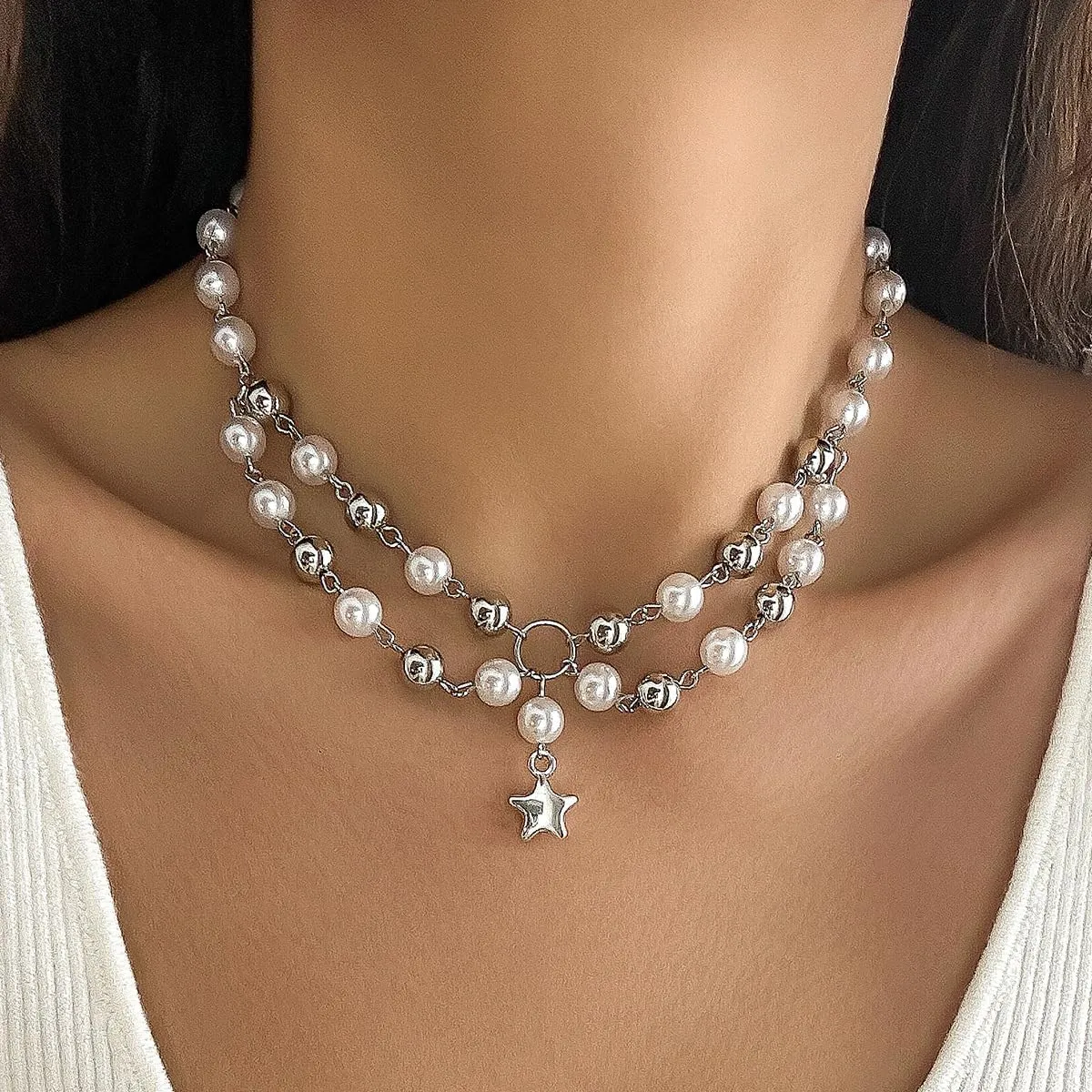 Silver Layering Pearl Star Pendant Necklace for WomenDouble Layered Dainty Star Bead Choker,Aesthetic Anniversary Jewelry Gift