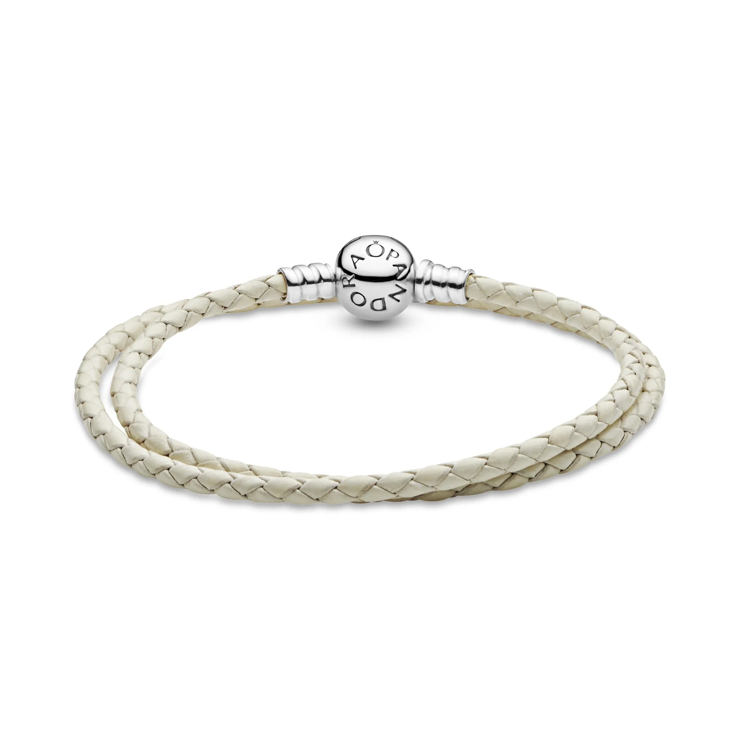 Silver leather bracelet, double, ivory white