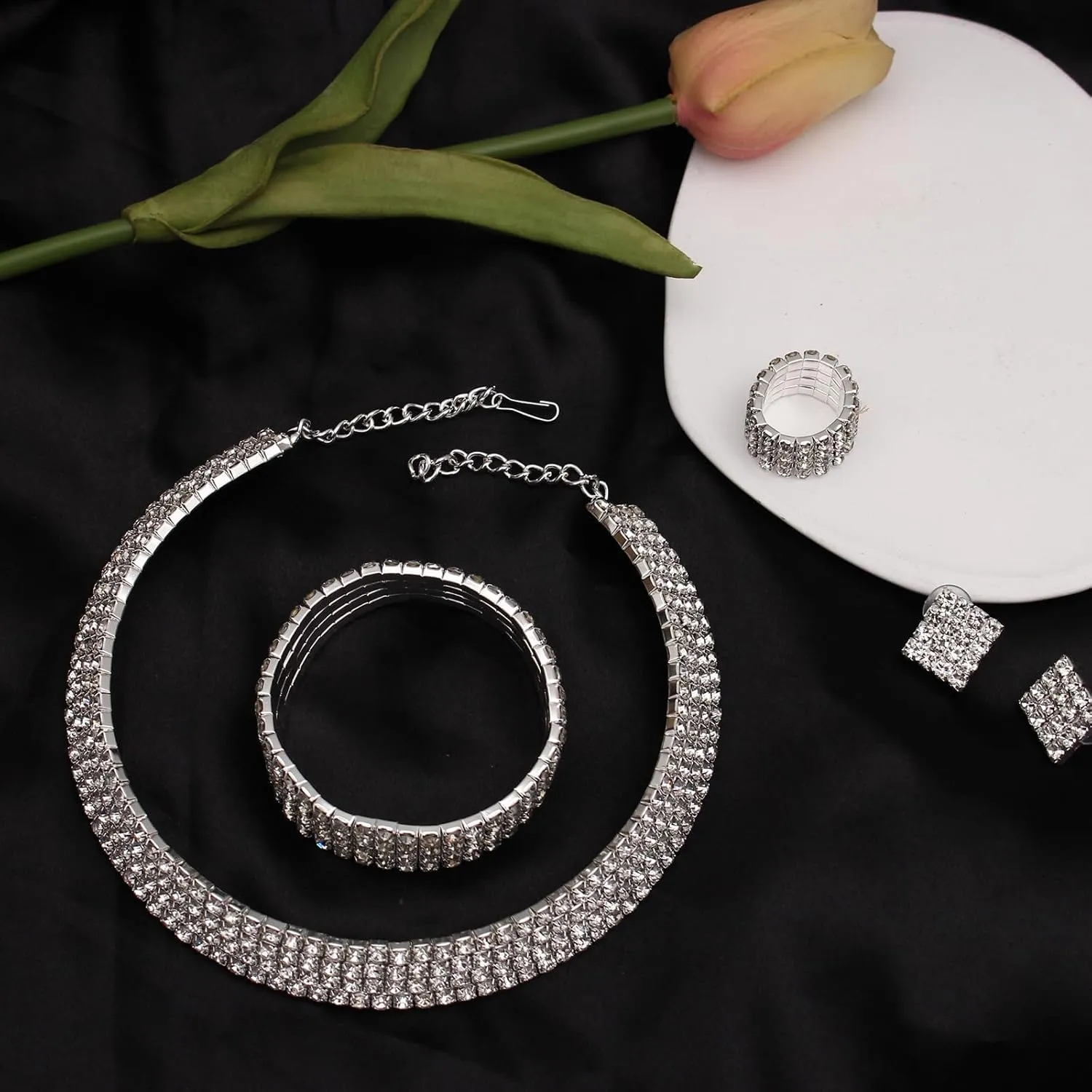 Silver Plated Elegant Necklace Earrings Bride Bridesmaid Jewelry Sets for Wedding Prom Crystal Jewelry Set for Women Costume Accessories