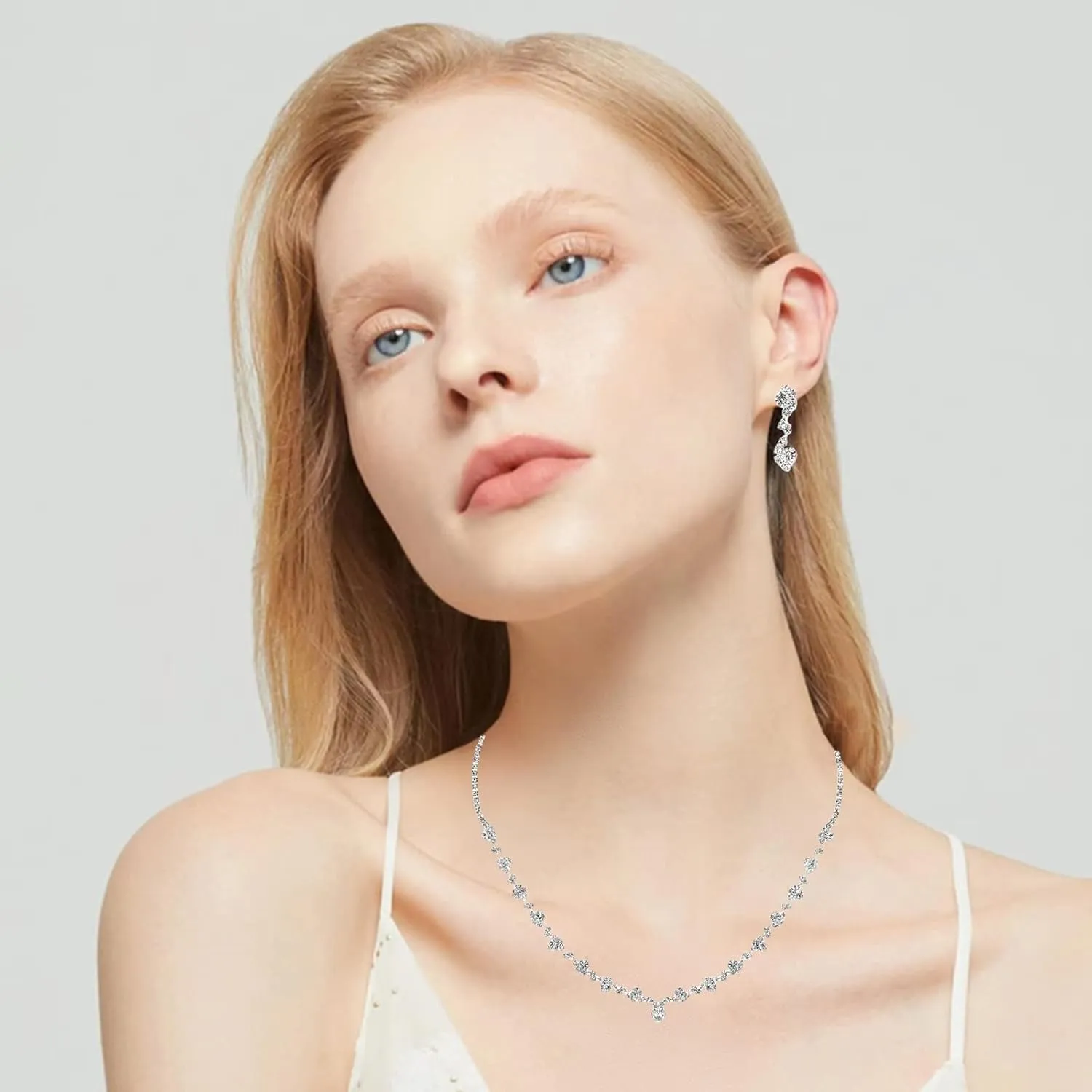 Silver Plated Elegant Necklace Earrings Bride Bridesmaid Jewelry Sets for Wedding Prom Crystal Jewelry Set for Women Costume Accessories