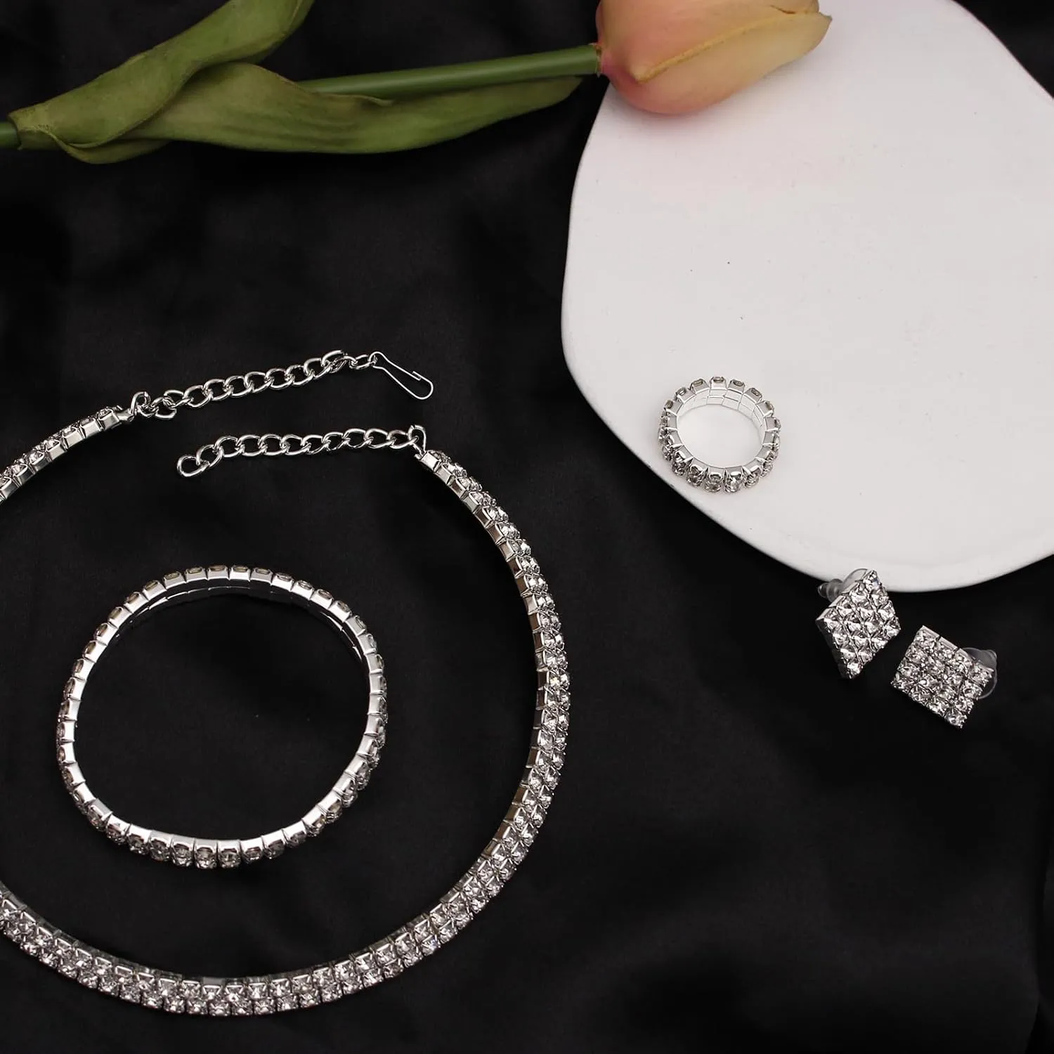 Silver Plated Elegant Necklace Earrings Bride Bridesmaid Jewelry Sets for Wedding Prom Crystal Jewelry Set for Women Costume Accessories